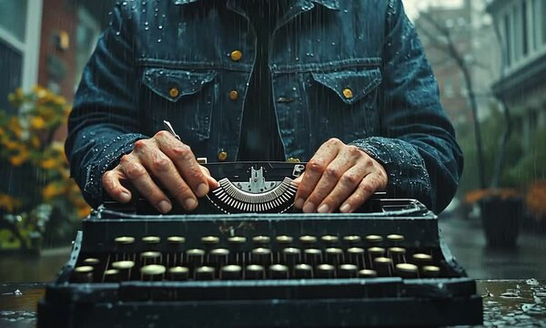 Rainy Day Writer: A Man Typing on a Vintage Typewriter in the Rain