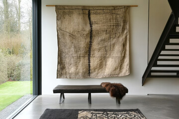 Minimalist hallway with contemporary wall hanging and bench
