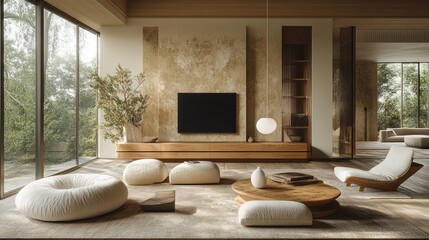 Here's a possible  and keyword list for your stock photo.. Tranquil modern living room with minimalist furniture and natural light.