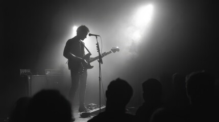 Obraz premium Silhouette of a guitarist performing on stage in front of an audience.