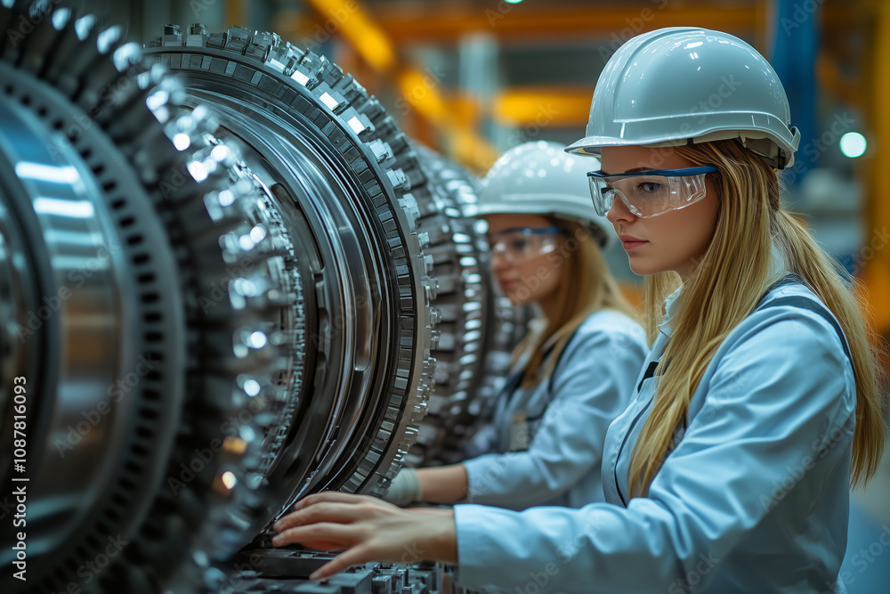 Aufkleber female engineers collaborating on machinery inspection in an industrial setting