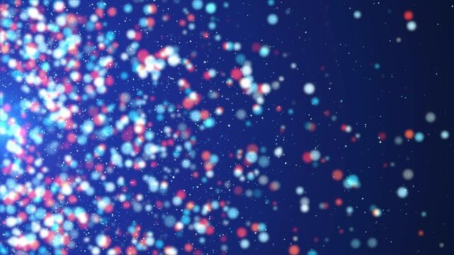 Blue background displays multicolored blurry glowing circles.