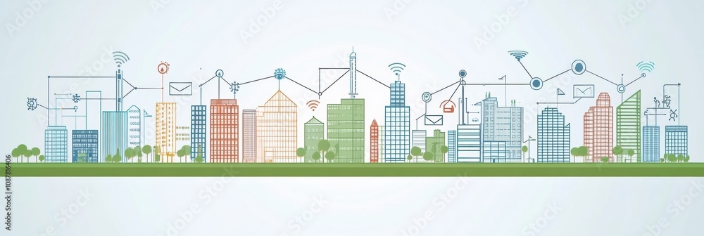 Poster This vibrant smart city showcases buildings linked by a sophisticated AI network, promoting seamless urban connectivity and innovation. Generative AI