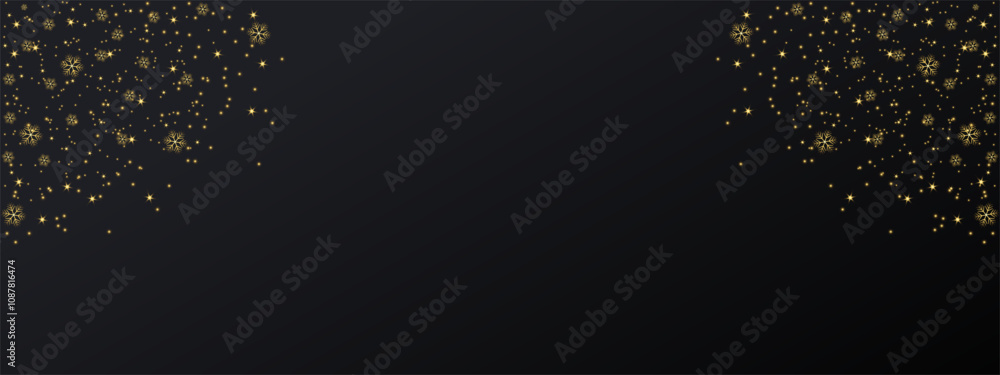 Poster black background with golden snowflakes and stars. glittering vector dust on dark background. goldde