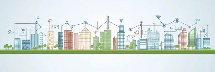 This vibrant smart city showcases buildings linked by a sophisticated AI network, promoting seamless urban connectivity and innovation. Generative AI