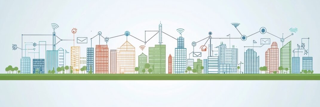 This vibrant smart city showcases buildings linked by a sophisticated AI network, promoting seamless urban connectivity and innovation. Generative AI