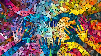 Naklejka premium A vibrant mosaic of colorful hands reaching towards a central heart shape, symbolizing unity and connection.