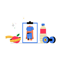 Fitness Planner With Dumbbells, Apple, Measuring Tape, And Water Bottle. Flat Vector Illustration Symbolizing Health Tracking, Diet Planning, And Fitness Goals, Isolated On White Background