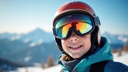 A cheerful young skier poses with a wide smile, wearing a helmet and goggles, surrounded by a stunning mountainous landscape under clear blue skies