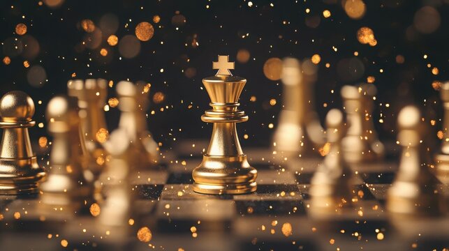 A golden king chess piece stands prominently among other pieces, surrounded by a shimmering, magical aura.