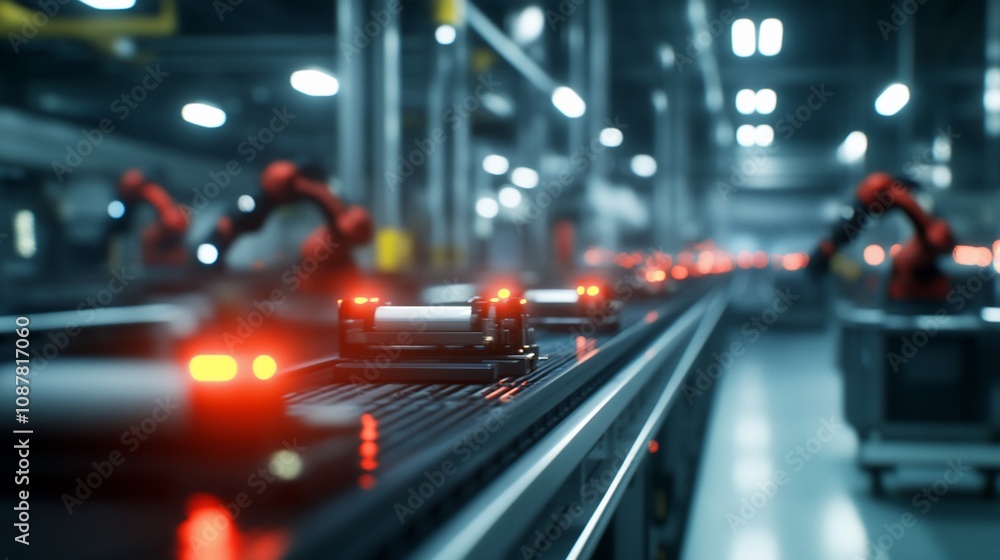 Poster a high-tech industrial setting with robotic arms and conveyor belts for automated production.