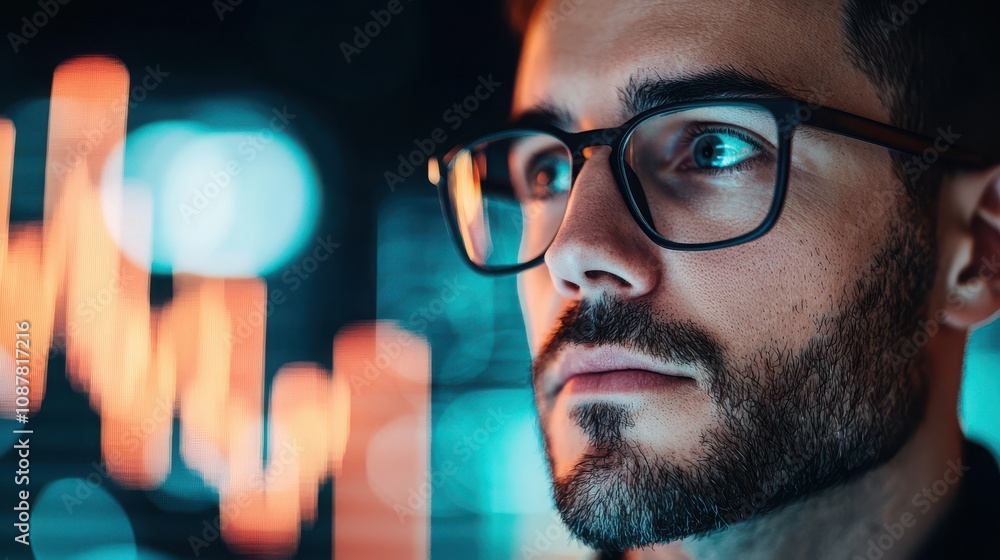 Poster a focused man wearing glasses gazes at digital graphs, reflecting a blend of technology and analysis