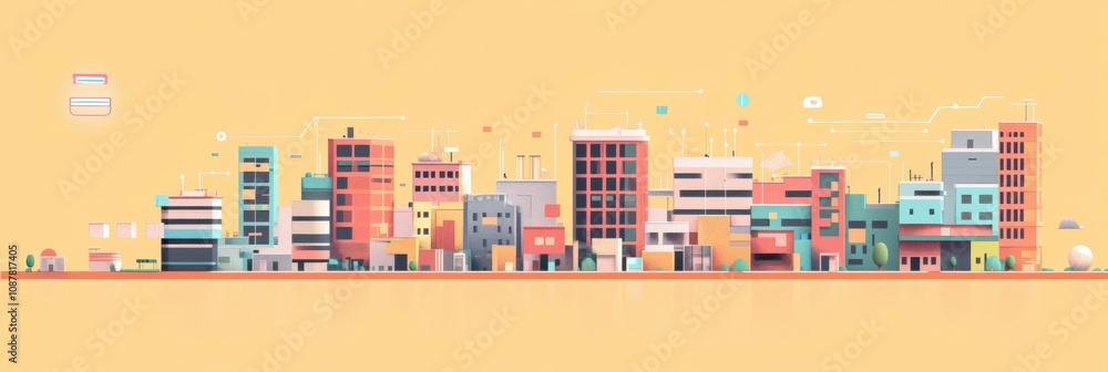 Poster the smart city features a network of buildings interconnected through cutting-edge ai technology, re