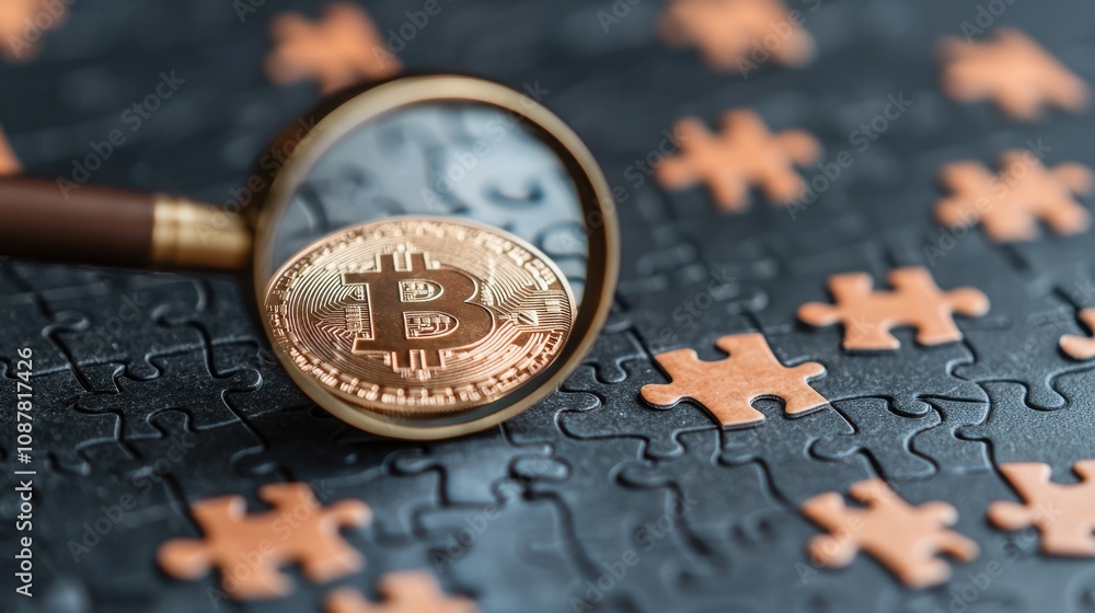 Poster A close-up of a Bitcoin under a magnifying glass, surrounded by puzzle pieces, symbolizing the complexity of cryptocurrency.