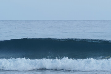 Beautiful, glassy, empty ocean wave rolling in at dawn, during a calm morning. Surfing.