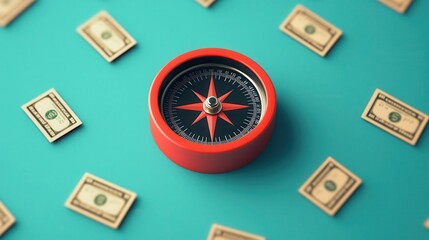 A vibrant compass surrounded by scattered dollar bills on a teal surface, symbolizing guidance in financial ventures.