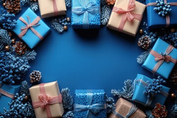 Fototapeta premium Frame of colorful Christmas gifts with space for text. Bright ribbons, festive patterns, holiday vibe. Perfect background for greetings and promotions.