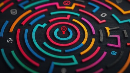 A vibrant, circular maze design featuring colorful paths and a central marker, representing navigation or problem-solving concepts.