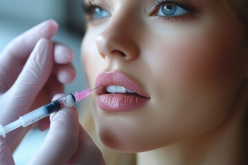 Cosmetologist carefully injects hyaluronic acid into a woman's lips in a luxurious salon, enhancing her natural beauty with lip augmentation