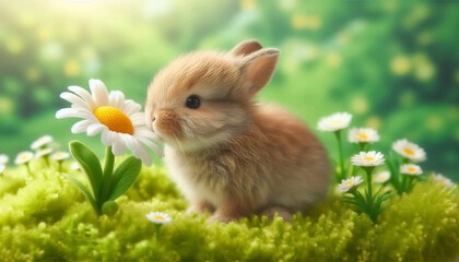 Baby miniature bunny next to a daisy in the field
