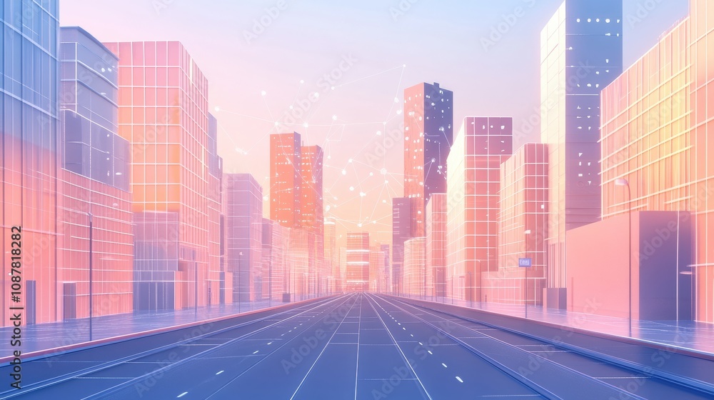 Aufkleber the smart city displays sleek buildings linked by an ai network, bathed in the soft light of dawn, s