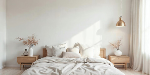 Modern Flat Minimalist Bedroom Interior with Blank Wall Mock-up