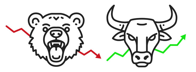Bear and bull heads representing various trading activities, investment strategies, and market trends. Editable vector stock trading design elements. Rising and falling charts of financial markets.