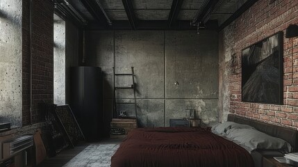 Industrial Loft Style Bedroom Design Featuring Exposed Brick