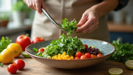 A person skillfully arranges a variety of fresh ingredients, including greens, tomatoes, and herbs, into a large wooden bowl, creating a vibrant salad
