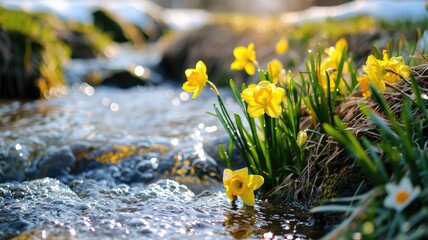 Vibrant yellow daffodils blooming by a tranquil stream in early spring