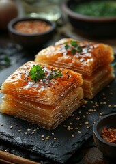 Baklava on slate tile. Traditional Arabic dessert with honey. Delicious Golden Baklava.	
