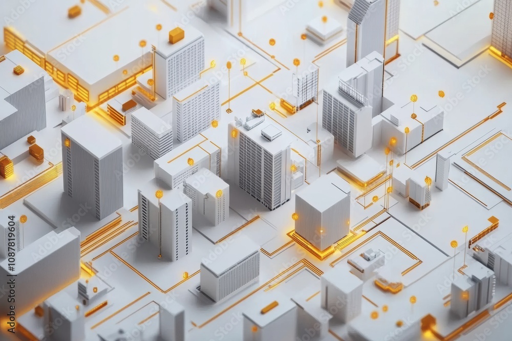 Poster The smart city layout showcases futuristic buildings linked by an advanced AI network, illustrating urban development and technology. Generative AI