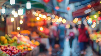 Fototapeta premium Muddled view of a bustling market offering a feast for the senses with its sights and smells.