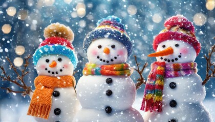 Three snowmen with bright scarves and hats in a snowy forest, capturing a whimsical winter scene