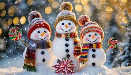 Three snowmen with colorful hats and scarves hold lollipops in a snowy, festive background