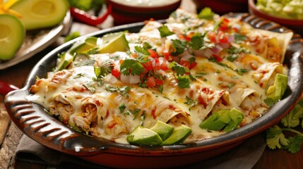 A tantalizing platter of Mexican enchiladas suizas, corn tortillas filled with chicken