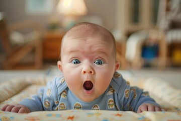 Cute newborn baby in a basket surrounded by soft, fluffy fabric