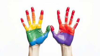 Hands in bright paint on a white background.