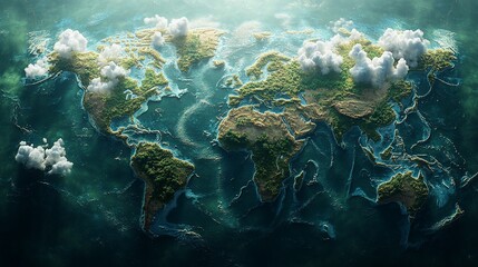 A detailed artistic representation of the world map with lush greenery and clouds.