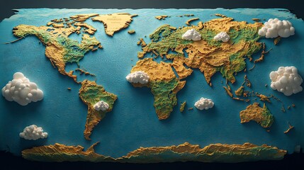 A textured map of the world created with colorful materials, resembling a 3D relief.