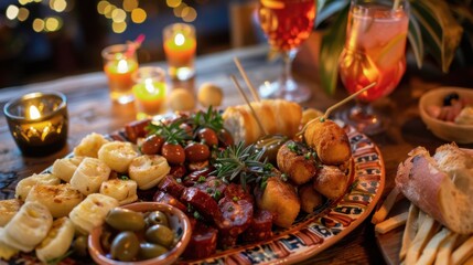 Fototapeta premium A tantalizing platter of tapas showcasing Spanish classics like patatas bravas, chorizo