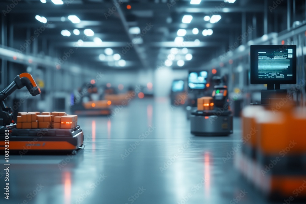 Poster a modern warehouse filled with robotic systems for automated logistics and inventory management.