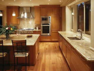 Modern Kitchen Island Granite Countertops Wooden Cabinets