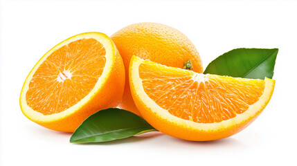 Fototapeta premium Isolated on white background of oranges cut in half with leaves. 