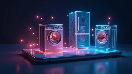 Neon home appliances on the smartphone. The concept of remote control of household appliances.
