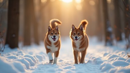 Two cheerful dogs walk side by side through fresh snow in a forest, lit by the warm glow of the setting sun, capturing a playful winter moment