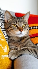 A close-up of a relaxed tabby cat on a sofa with cushions, being scratched by its owner. The image conveys a sense of comfort and safety.