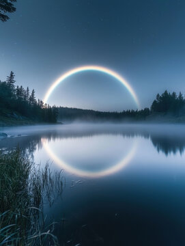 Soft moonbow reflection over a quiet forest lake enveloped in ethereal mist.