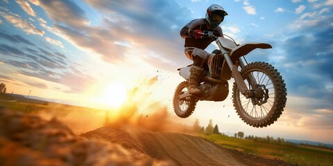 A motocross rider performs a jump at sunset, showcasing extreme sports and adventure.