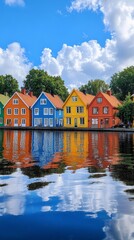 Obraz premium Colorful riverside houses reflected on the water under clear skies in a peaceful town